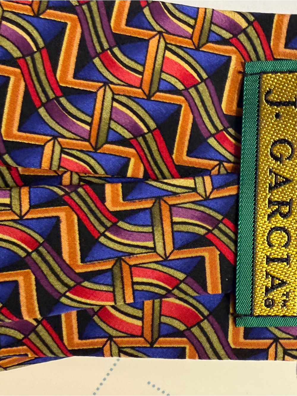 J. Garcia Purple, Blue, Orange and Red Geometric Silk Tie